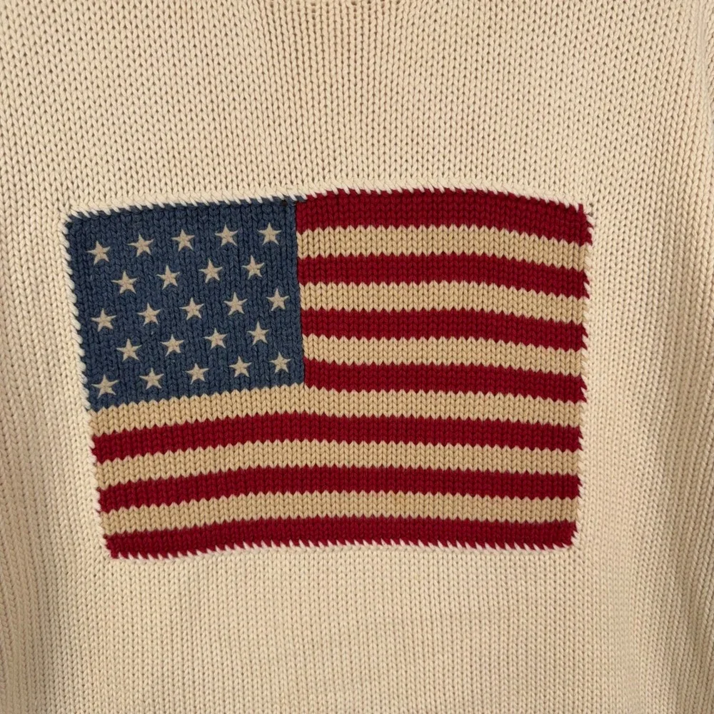 Vintage Polo Ralph Lauren Sweater Mens XL Cream American Flag Knit Preppy USA